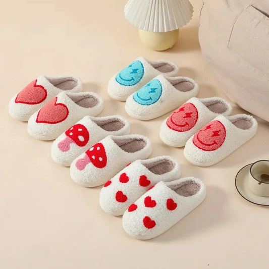 Cozy Fluff House Slippers Big Heart, Pink Smiley, Blue Smiley, Mushroom, Hearts, Strawberry